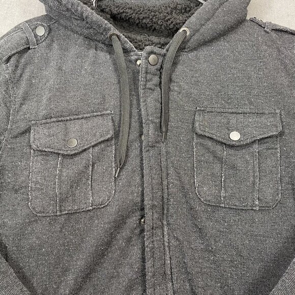 Rock & Republic Dark Gray Hooded Jacket  Faux Fur Lining Snap Pockets Mens XL - Picture 9 of 11